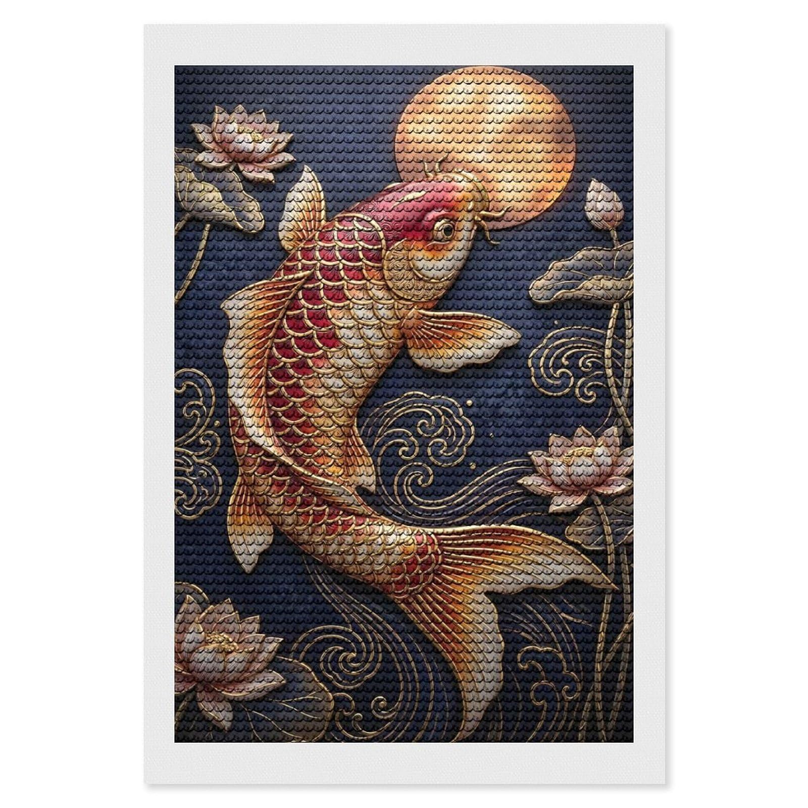 Junmoney Koi Fish and Lotus Flowers Diamond Painting Canvas Set 8"x12", for Craft Lovers, Decorate Your Room, Festive Craft Gift, Vintage Style Decor