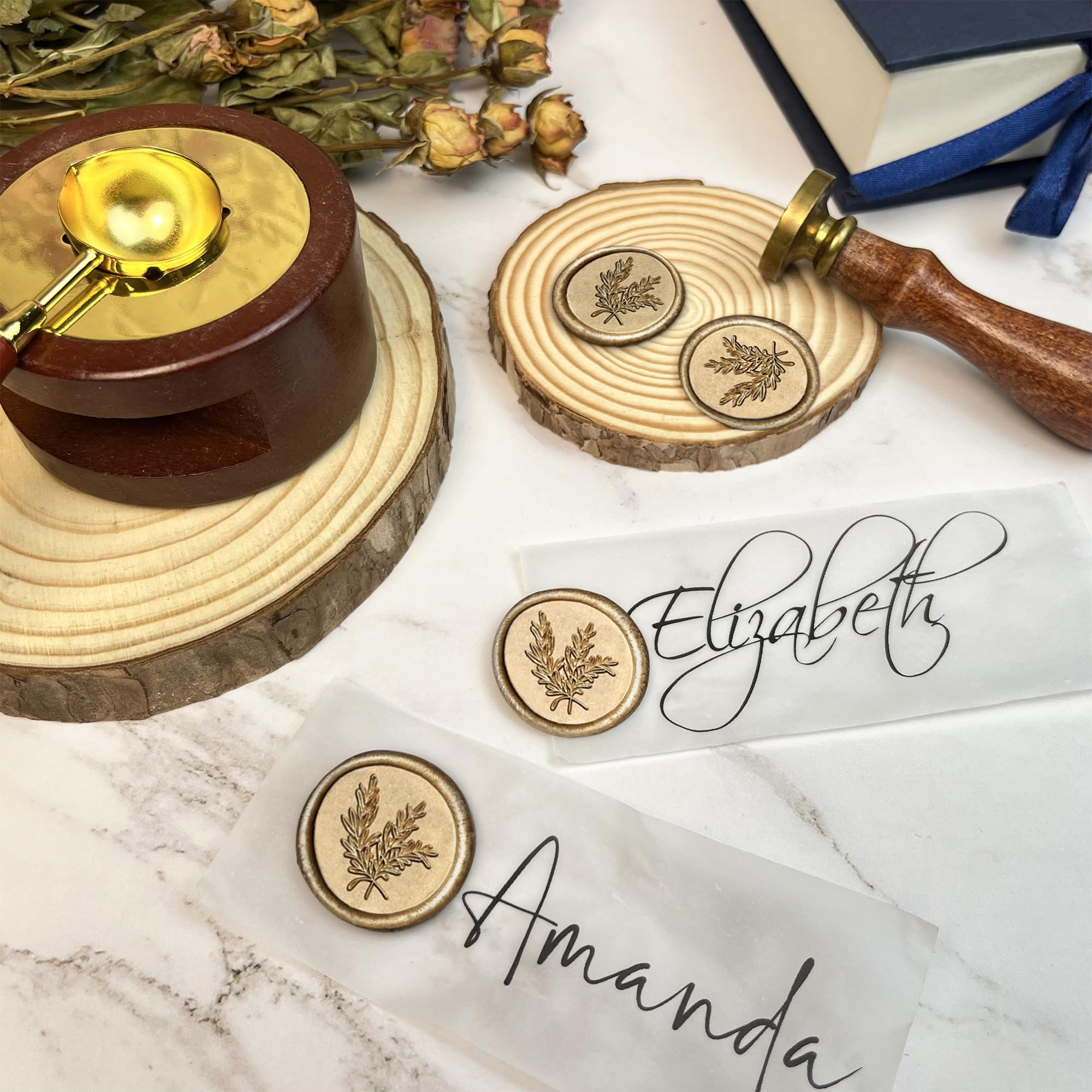 25 calcomanías de cera hechas a mano, sellos de cera autoadhesivos para invitaciones de boda, fiesta, sobres, envoltura de regalo, Navidad (estilo romero, cera de bronce)