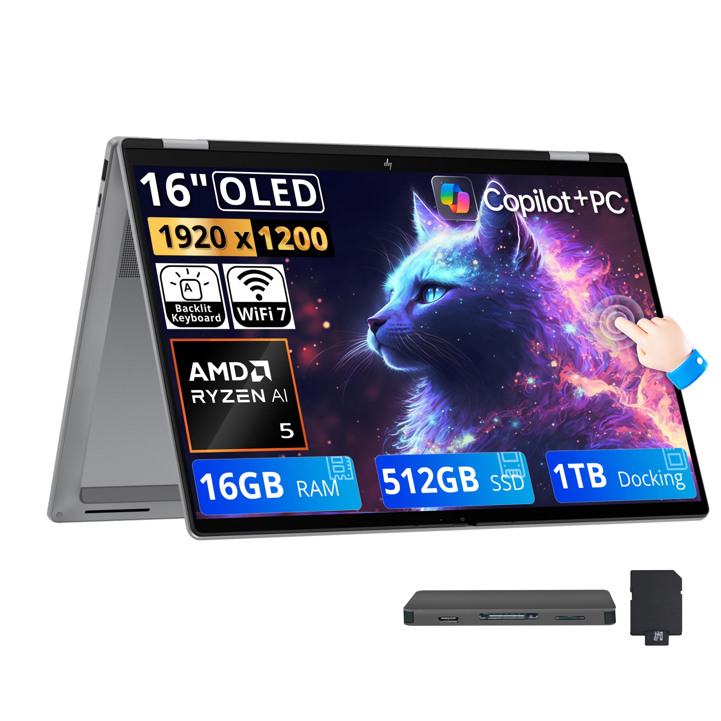 OmniBook X Flip 2-in-1 16" FHD+ OLED Touch Laptop, AMD Ryzen AI 5 430, 16GB RAM, 1.5TB Storage(512GB SSD+1TB Docking Station), AMD Radeon 840M, Backlit Keyboard, Copilot+ PC, Win 11, Meteor Silver