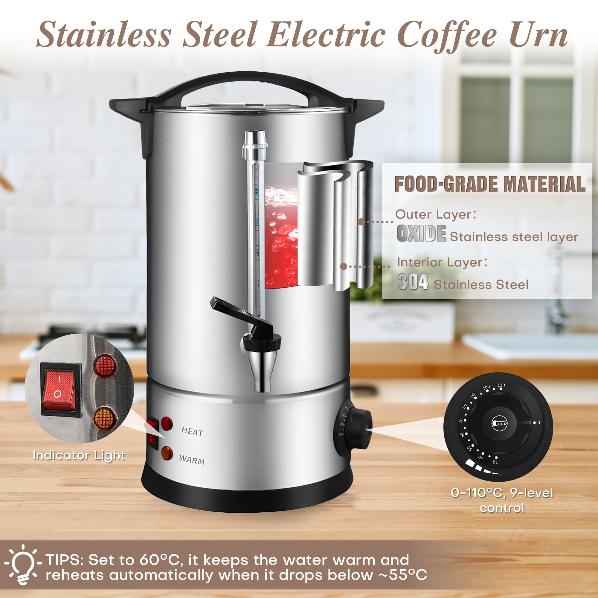 Percolateur à Café 12L avec Acier Inoxydable Filtre, 80 Tasses Cafetière Commerciale En Acier Inoxydable, Maintien au Chaud, Pour Événements Et Traiteur, Pour Appareil Chauffe Eau Thé Chocolat