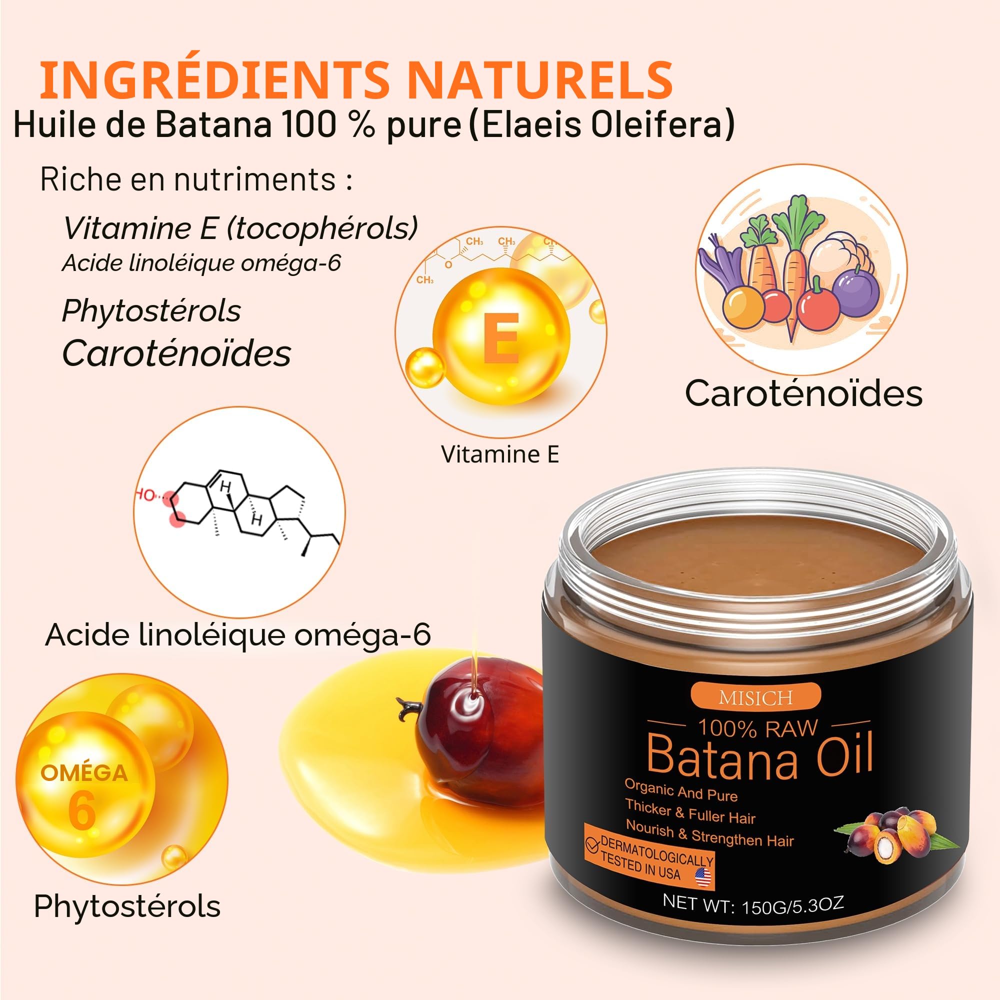 Huile de batana brute pour la croissance des cheveux, pâte botanique pure 100% naturelle, huile biologique non raffinée pour prévenir la perte de cheveux, améliore l'épaisseur des