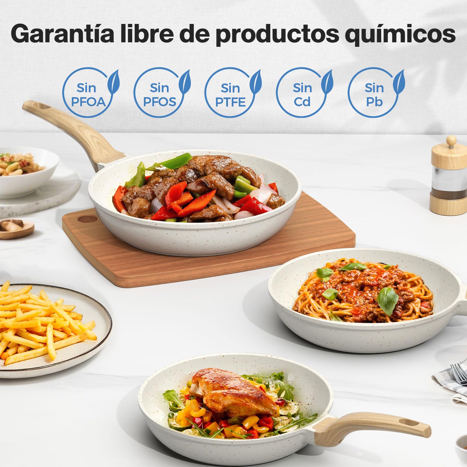 YASHE Set de 3 Sartenes Antiadherentes de 20/24/28 cm con Revestimiento de Granito – Compatibles con Inducción, Ligeras, Duraderas y Saludables para Cocina Diaria
