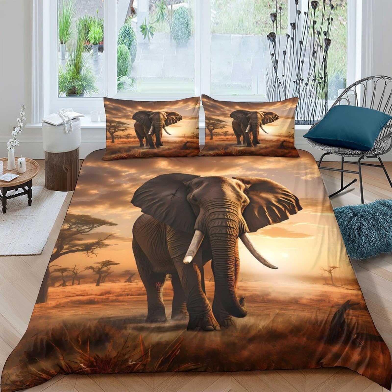 Ctjqhvkz Style-1 3D Printed Sunset Elephant Fitted Sheet Microfiber Anti-Slip African Wildlife Mattress Cover For Bedroom Guest Room Decor Single（135X200cm）