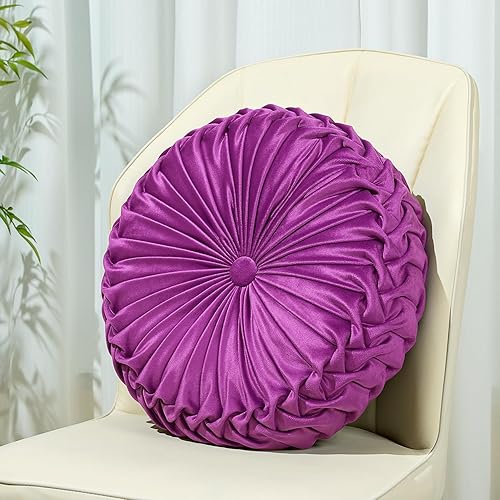 Sioloc Almohada redonda de terciopelo para decoración del hogar, cojín plisado para sofá, silla, cama y automóvil (morado, 15.7 pulgadas)