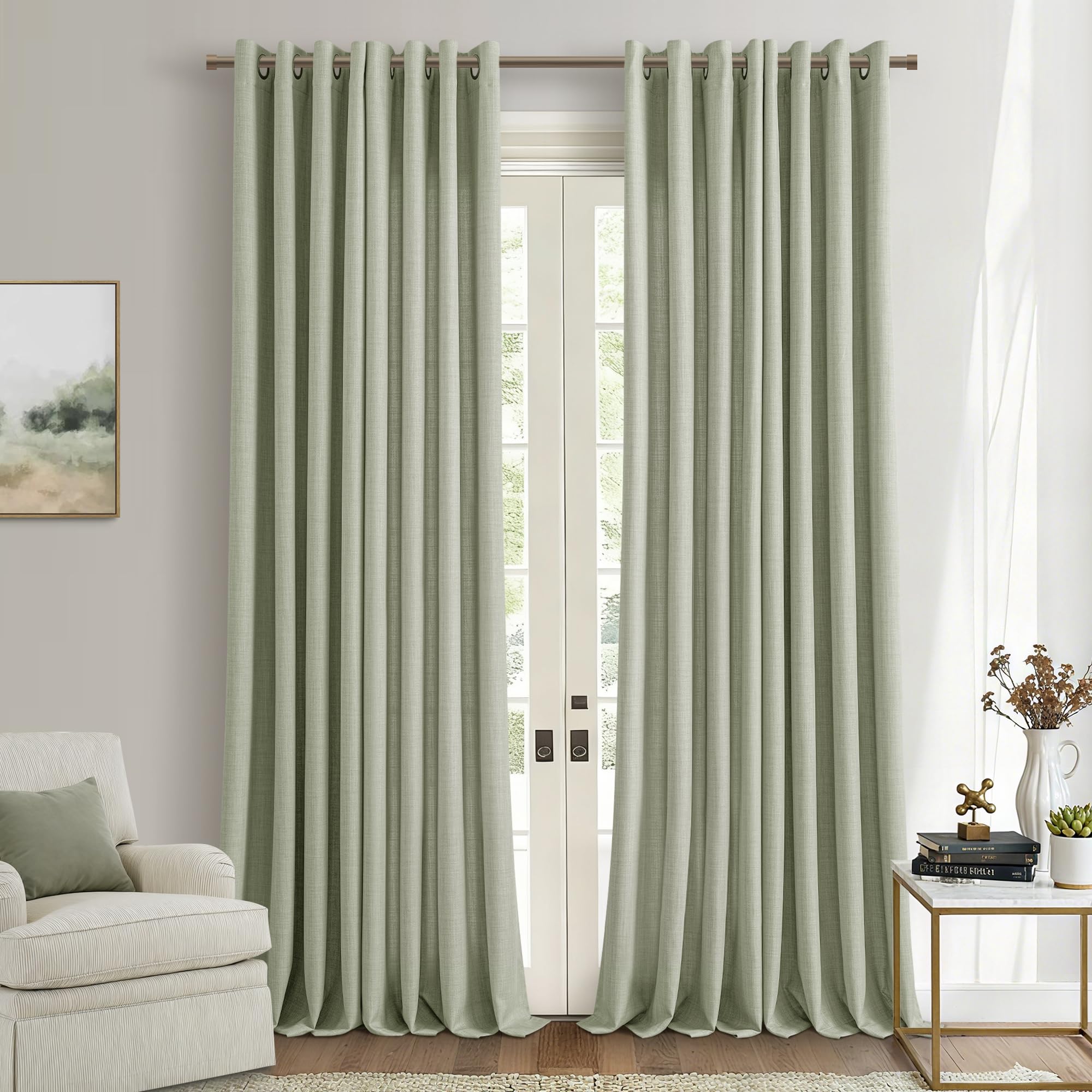 Photo 1 of Sage Green Linen Curtains 100 Inch Long 2 Panels For Living Room Dining, Grommet Bronze Light Filtering Semi Sheer Curtains 100 Inches Length Elegant Modern Soft Privacy Drapes For Sliding Glass Door