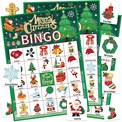 Miniatura 17 de Juego de bingo de Navidad para niños, niñas y adultos, 24 jugadores, tarjetas de bingo de Navidad, suministros de fiesta de Navidad, divertido juego