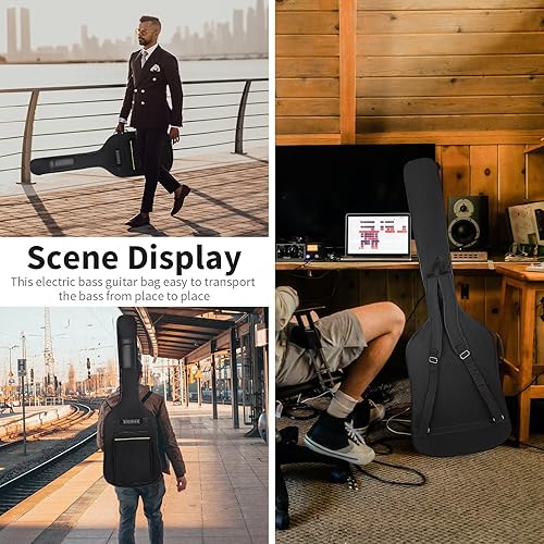 Miniatura 6 de Bolsa de guitarra bajo con acolchado de 0.276 in, funda impermeable para bajo eléctrico, mochila con correa para el cuello y bolsillos, color negro