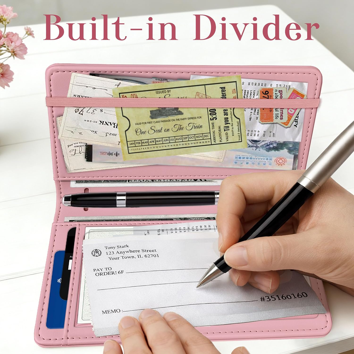 Checkbook Cover for Personal Checkbook with Pen Holder Imitation Leather Register Duplicate Checks Wallet Holder for Women Slim Design Unfolds for Home Office Finance (Flowers)