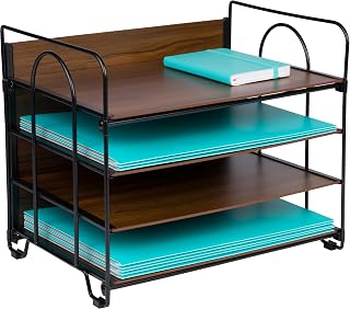 4-Ebenen Büro Organizer, Schreibtisch Organizer Schwarz mit Holzmuster Ablagen, Bürobedarf für Papier, Rechnungen, Briefe, Multifunktionaler Schreibtischablage und Zubehör