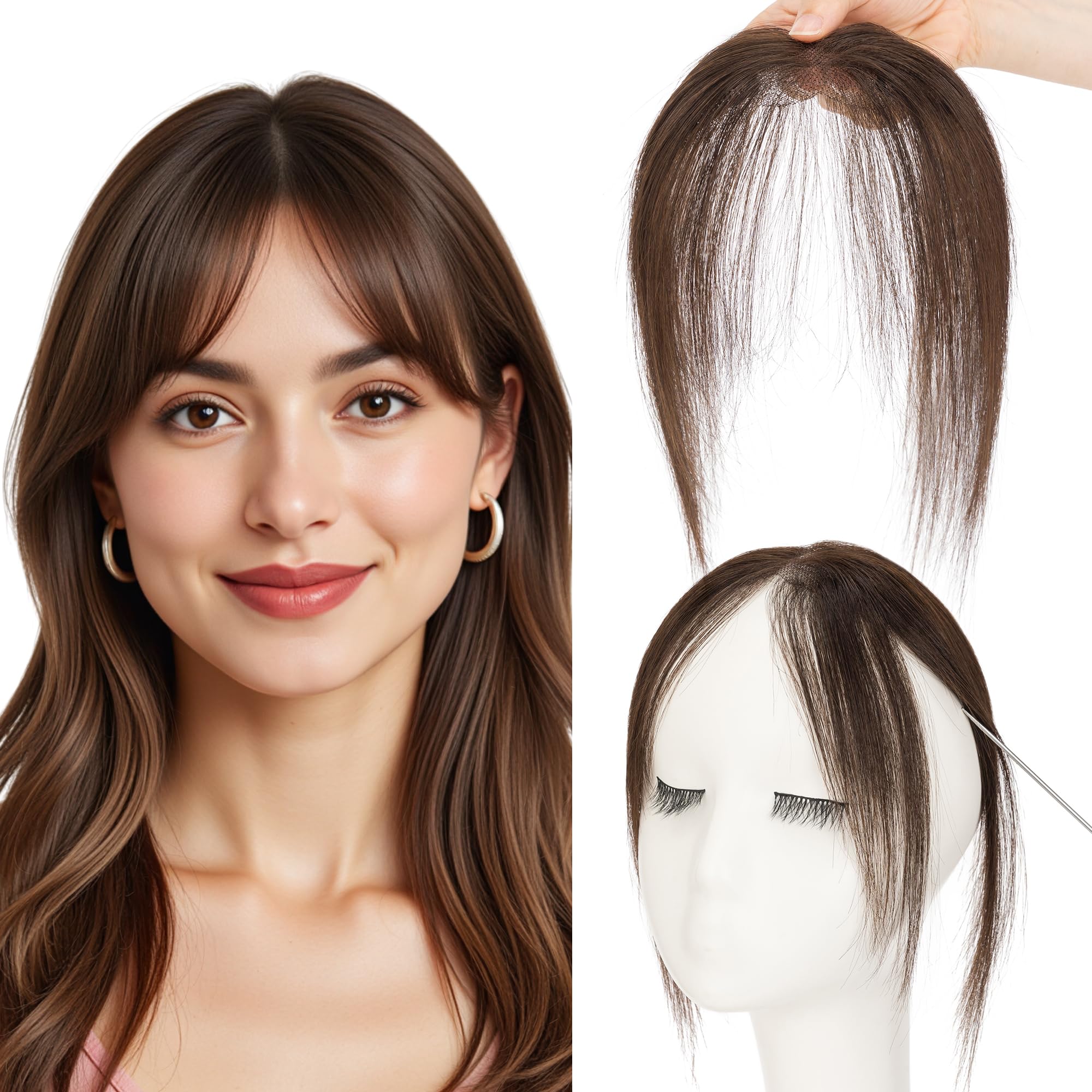 SEGO Clip in Side Bangs Real Human Hair, Hand-tied Base Invisible Edges Breathable Fluffy Clip in Hair Pieces for Women -Side #02 Mocha Brown 5*12.5 cm #02 Mocha Brown