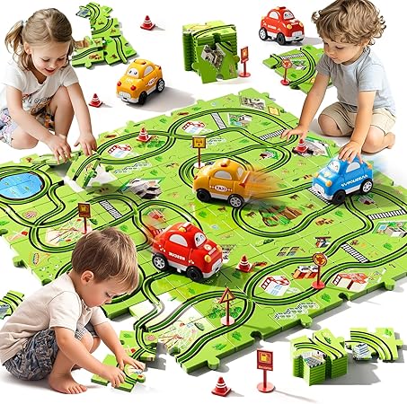 64PCS Puzzle Track Car Set Toys for Kids Boys, Toddler Toys Gifts for 3 4 5 Year Old, Floor Puzzle Tracks Car for Boys Ages 3-5 4-6, for 3 4 5 6 Year Old