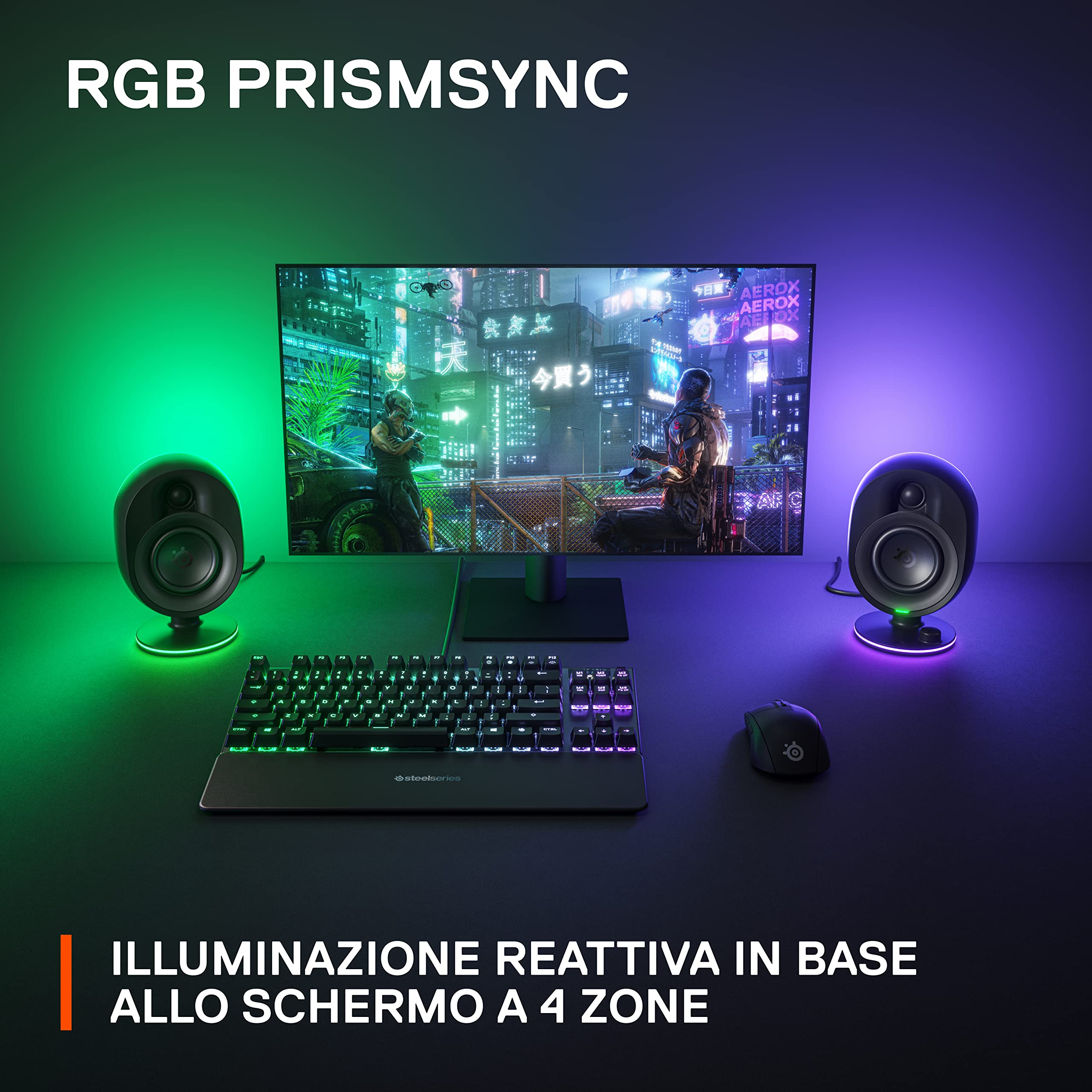 SteelSeries Arena 7 - Altoparlanti da gaming 2.1 illuminati - Design a 2 vie - Bassi potenti, subwoofer - Illuminazione RGB reattiva - USB, Aux, Ottico, Cablato - Bluetooth