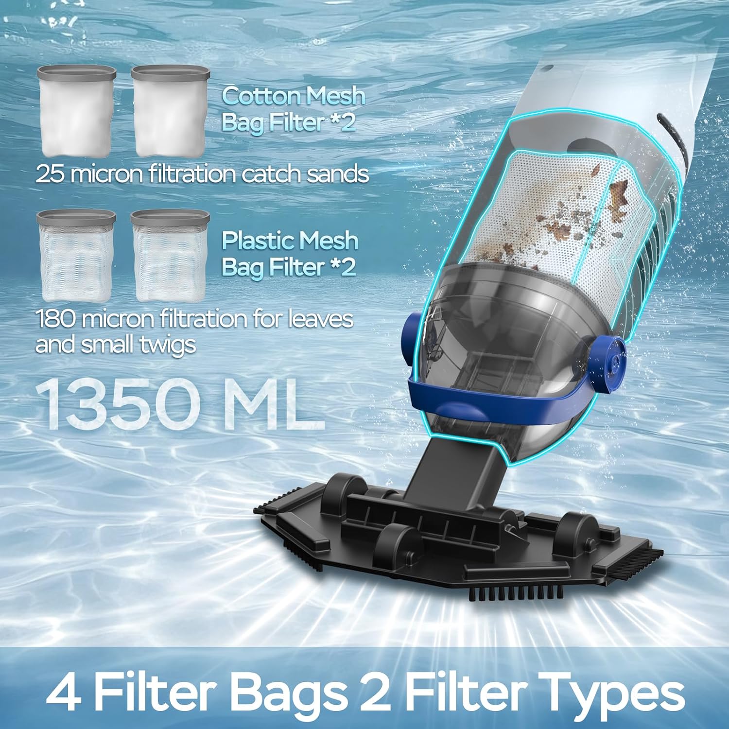 Cordless Handheld Pool Vacuum Cleaner, 18.5GPM Enhanced Powerful Suction for Above Ground/Inground Pool with 72.85" Pole, 60 Min Run Rechargeable Pool Vacuum with 4 Filter Bags & Storage Bag