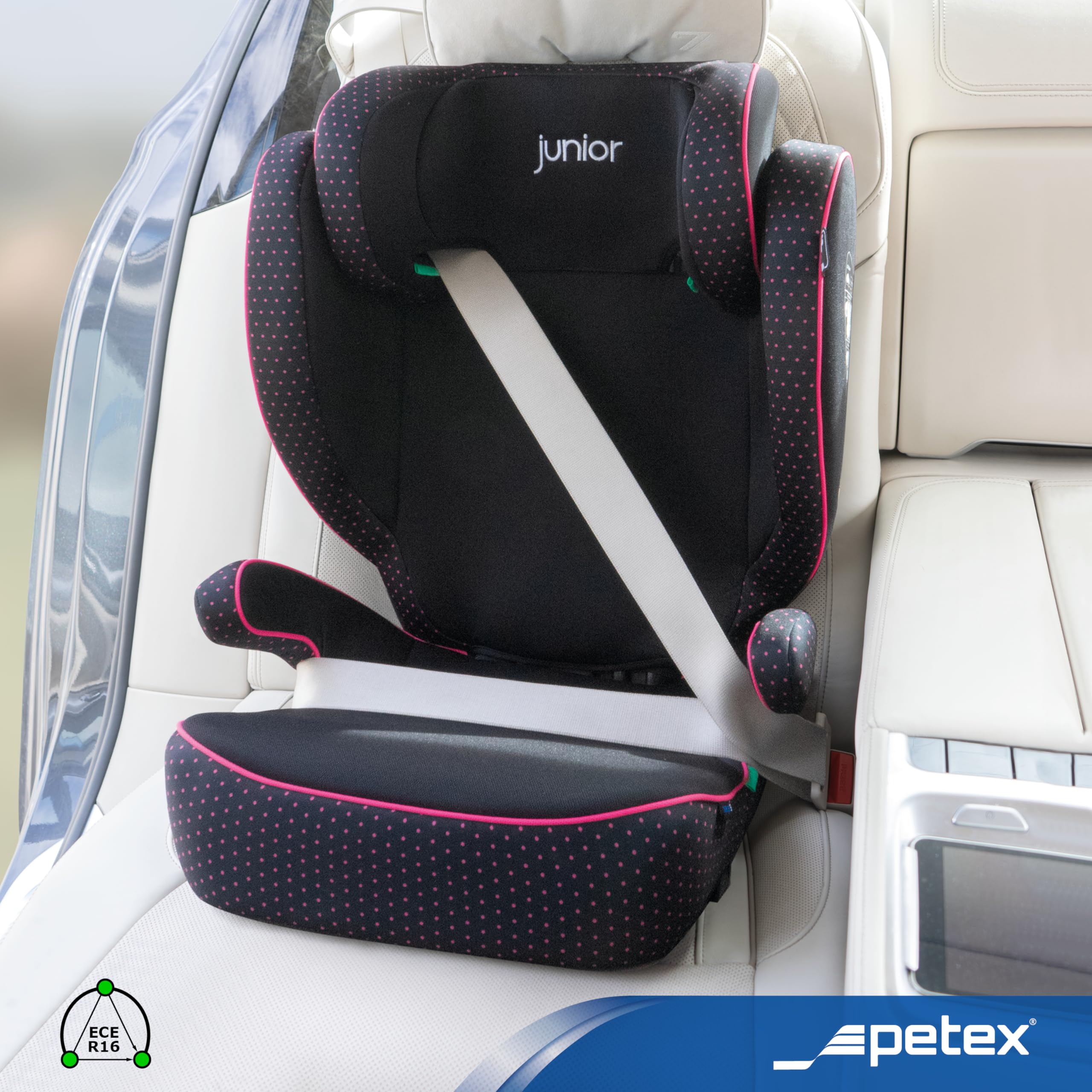 PETEX Fotelik samochodowy dla dzieci z ISOFIX – Basic Plus i-Size zgodny z normą ECE R129 dla dzieci w wieku od ok. 100 – 150 cm, regulowana wysokość fotelika samochodowego w kolorze różowym, 1 sztuka