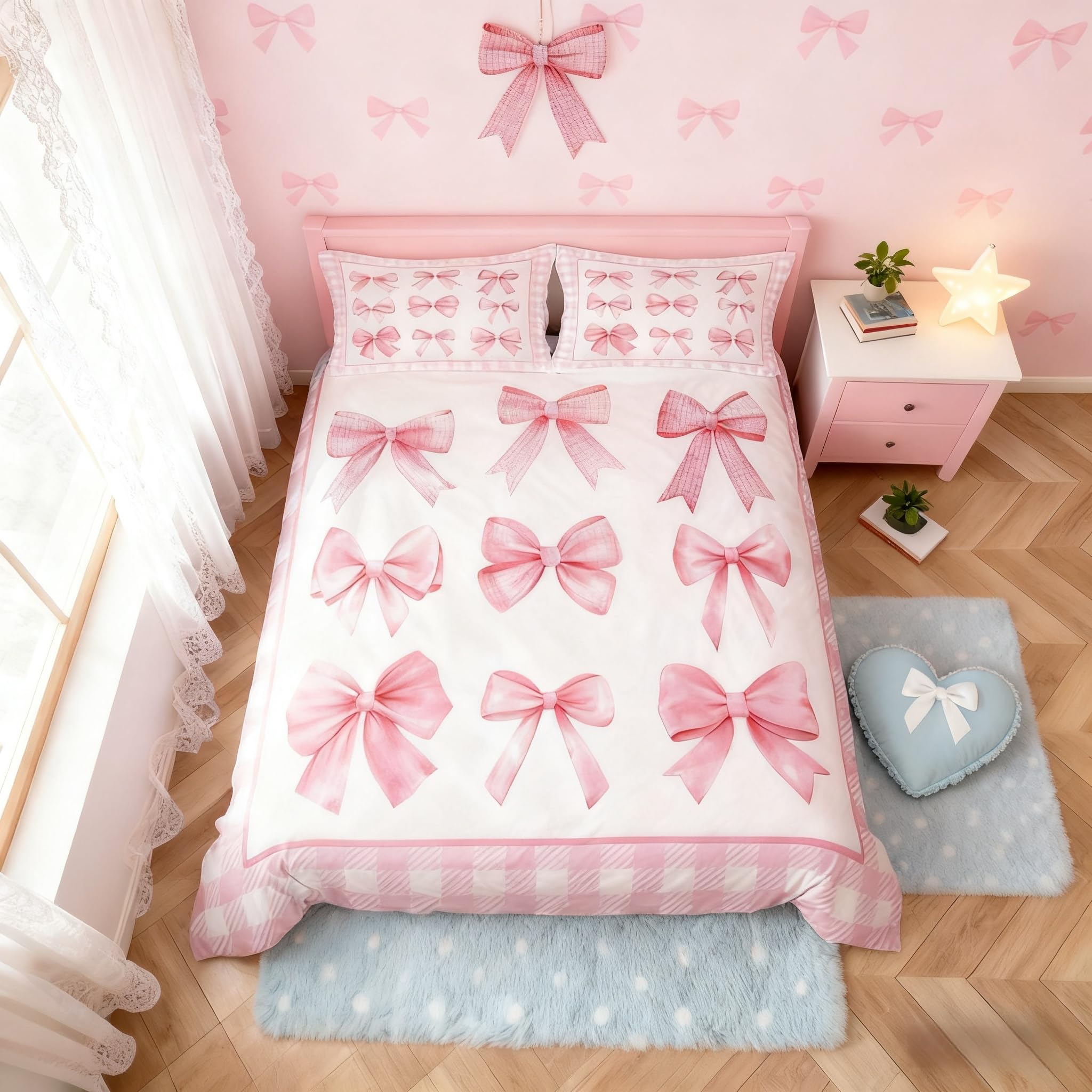 Pink Bowknot Kids Duvet Cover Set Single Size,Geometric Plaids Grids Patchwork Fashion Bedding Set,Girls Women Room Decor,Bow Tie Knot Princess Romantic Chic Quilt Cover,1 Pillowcase(No Comforter) — image 1