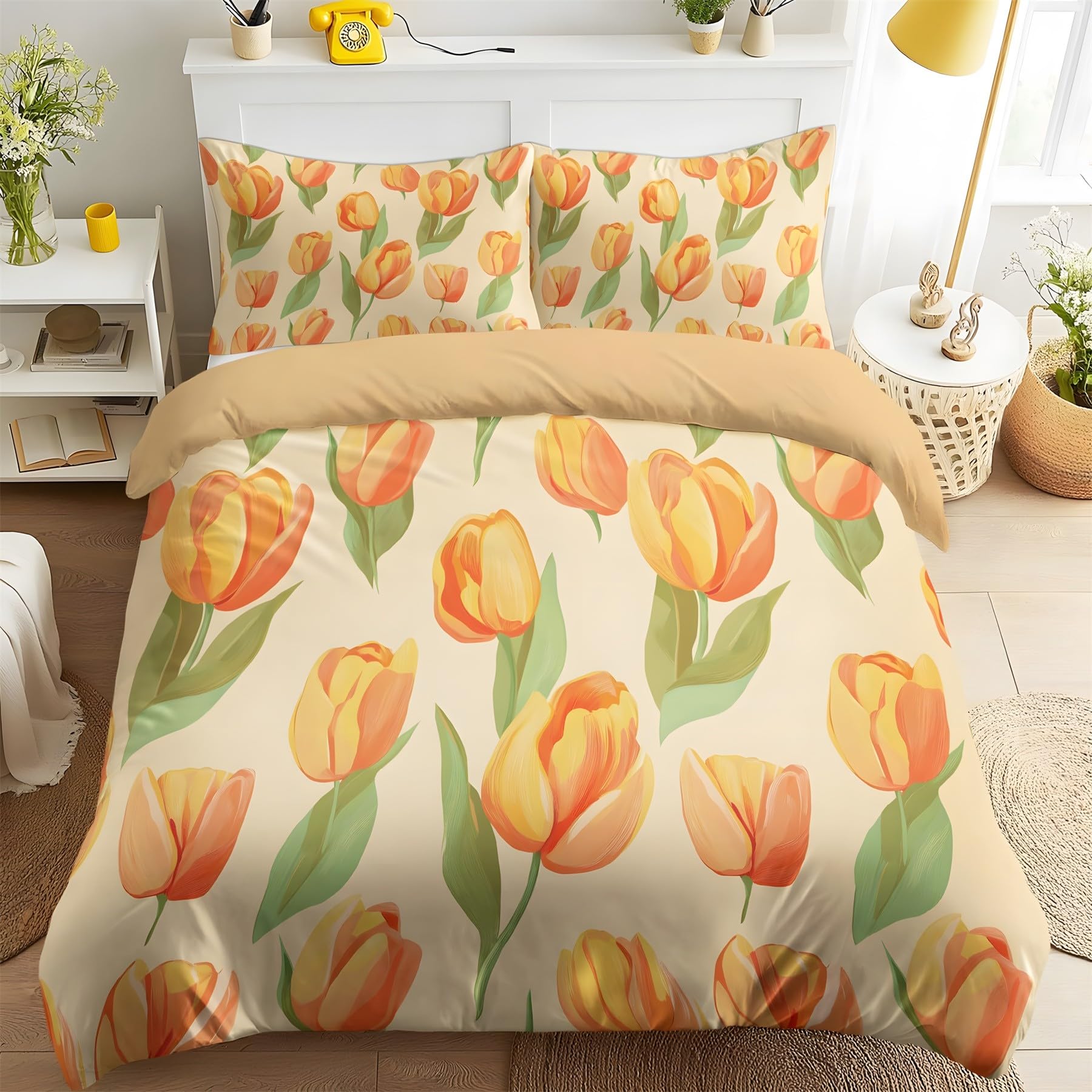 Housse de couette 200x200 tulipe anti-plis et facile à laver pour lit double jaune