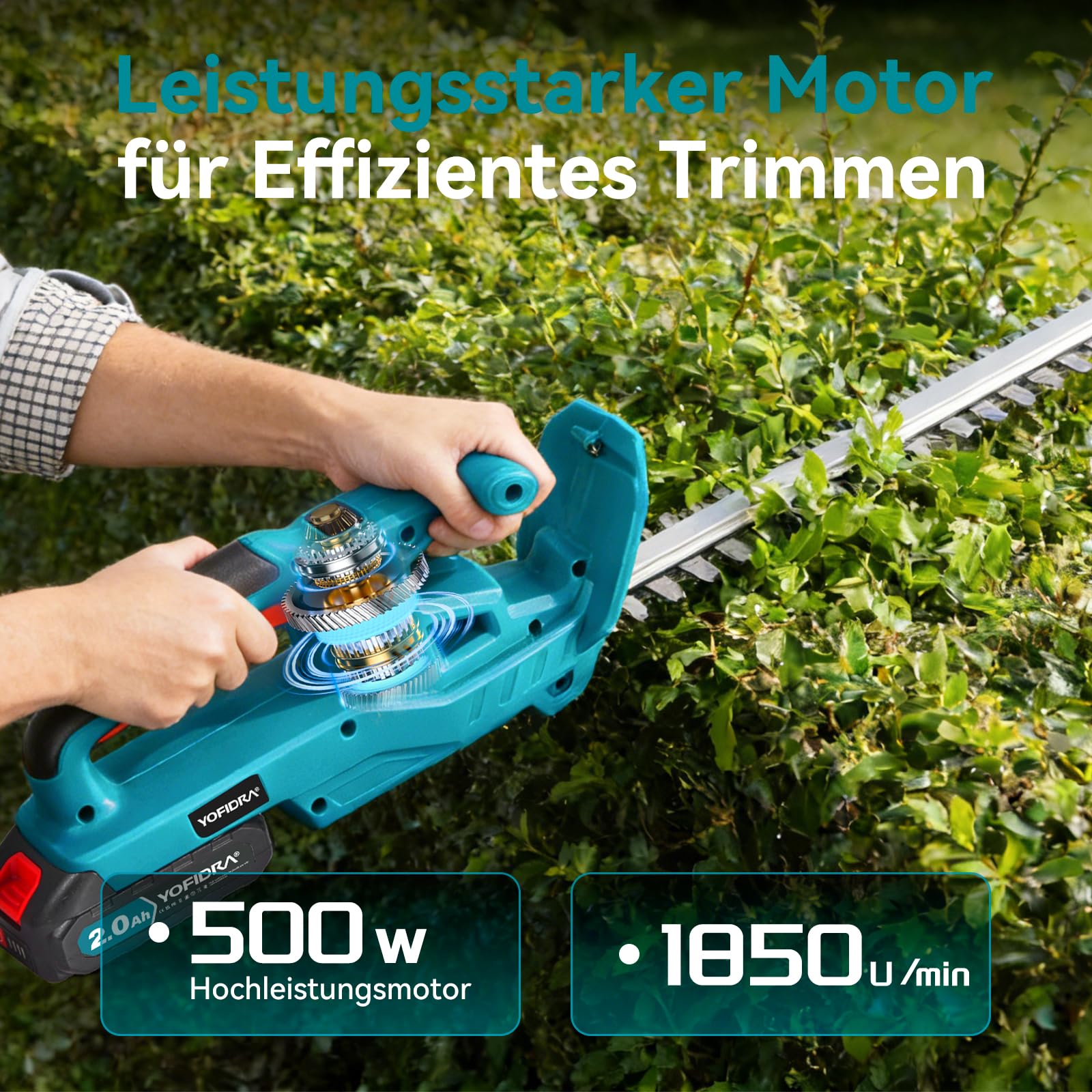 Yofidra Heckenschere Akku, 50cm Dual Schnittklingen Schnittlänge | Elektrische Heckenschere mit 2 x 2000mAh Akku & Ladegerät, 15mm Zahnabstand, Leichte Elektro-Heckenschere mit Schutzhülle
