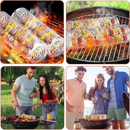 Miniatura 7 de Cesta de parrilla de 2 piezas, cesta para parrilla de barbacoa, canasta rodante para parrilla, accesorios de parrilla de malla de acero inoxidable,