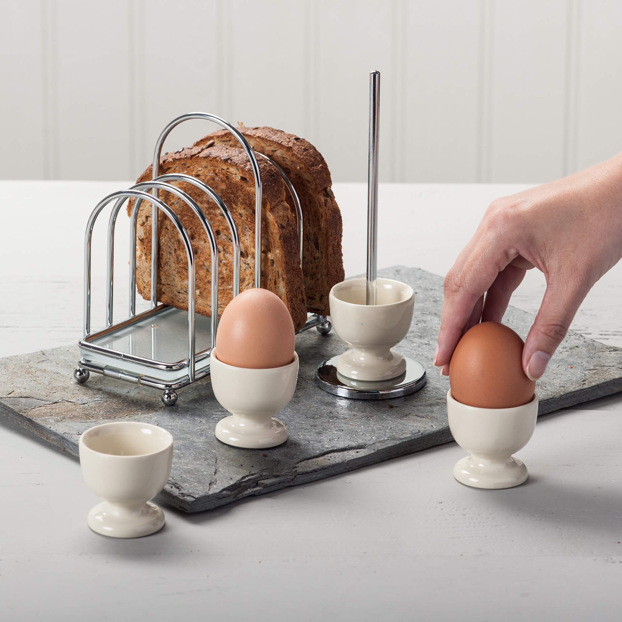 Zeal BASET9C Breakfast Set Set of 4 Melamine Stacking Egg Cups on Stand with Chrome and Glass 6 Piece Toast Rack, Cream - Image 2