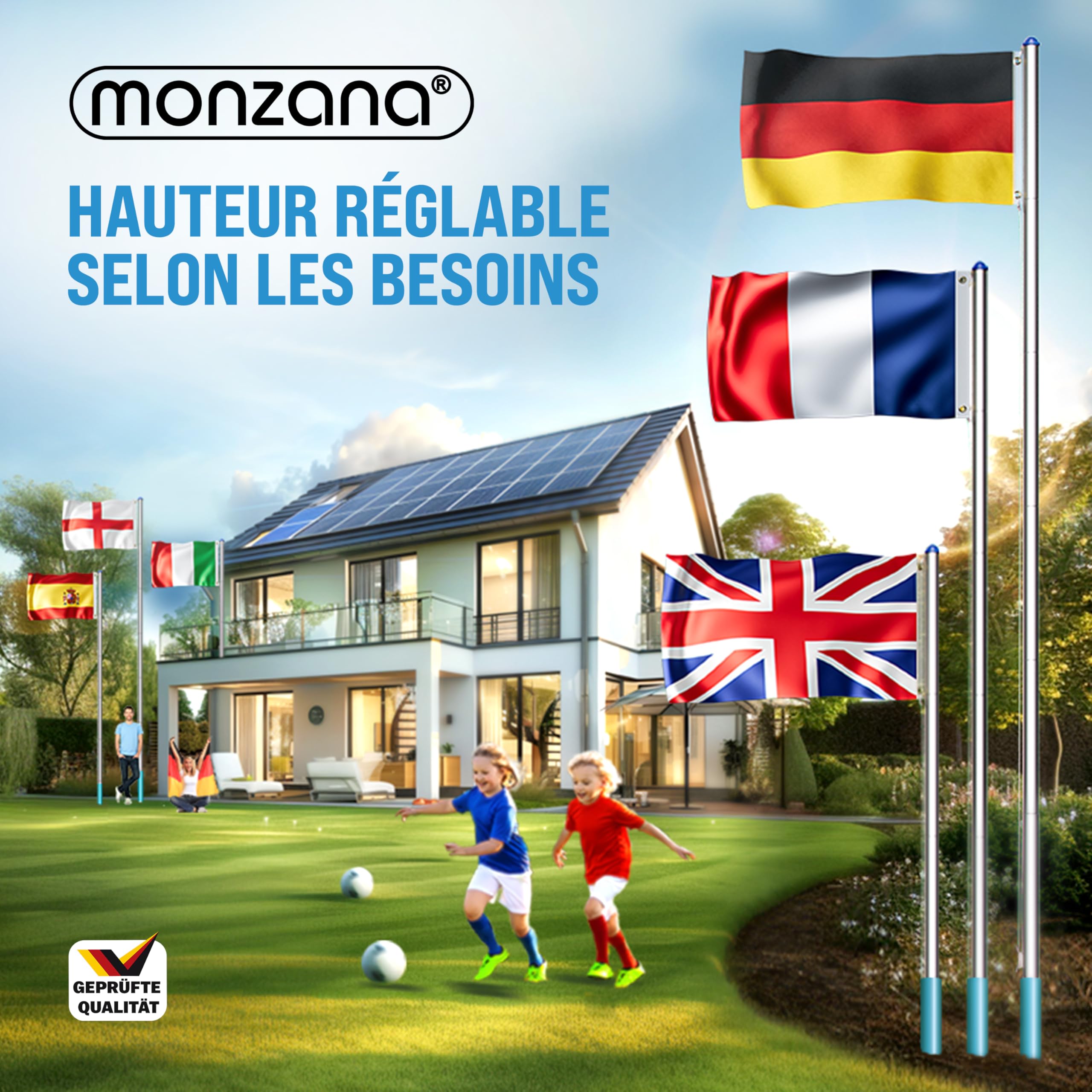 MONZANA® Mât de Drapeau Télescopique en Aluminium 6,5m - Cordelette de Hissage avec Douille de Sol, Réglable en Hauteur pour Jardin France