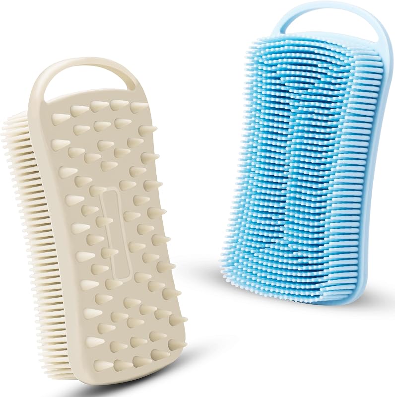 MtBoi Escova de Silicone para Corpo e Cabelo, 2 em 1, Cinza e Azul, Pacote com 2