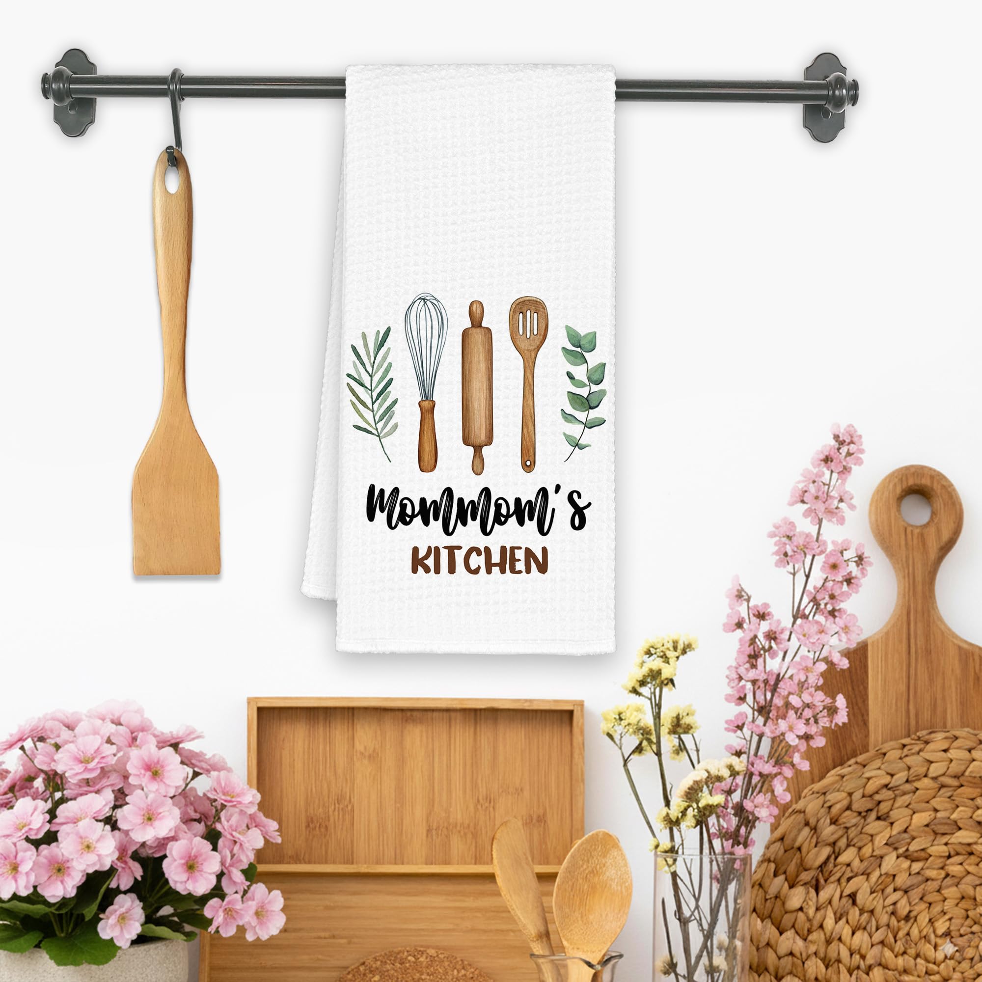 Mommom's Kitchen Towels Gifts, Grandma Mom Christmas Bathroom Hand Towels Gifts for Mommom Birthday Mother's Day, Rustic Eucalyptus Leaf Tea Dish Towel Decor 16x24in