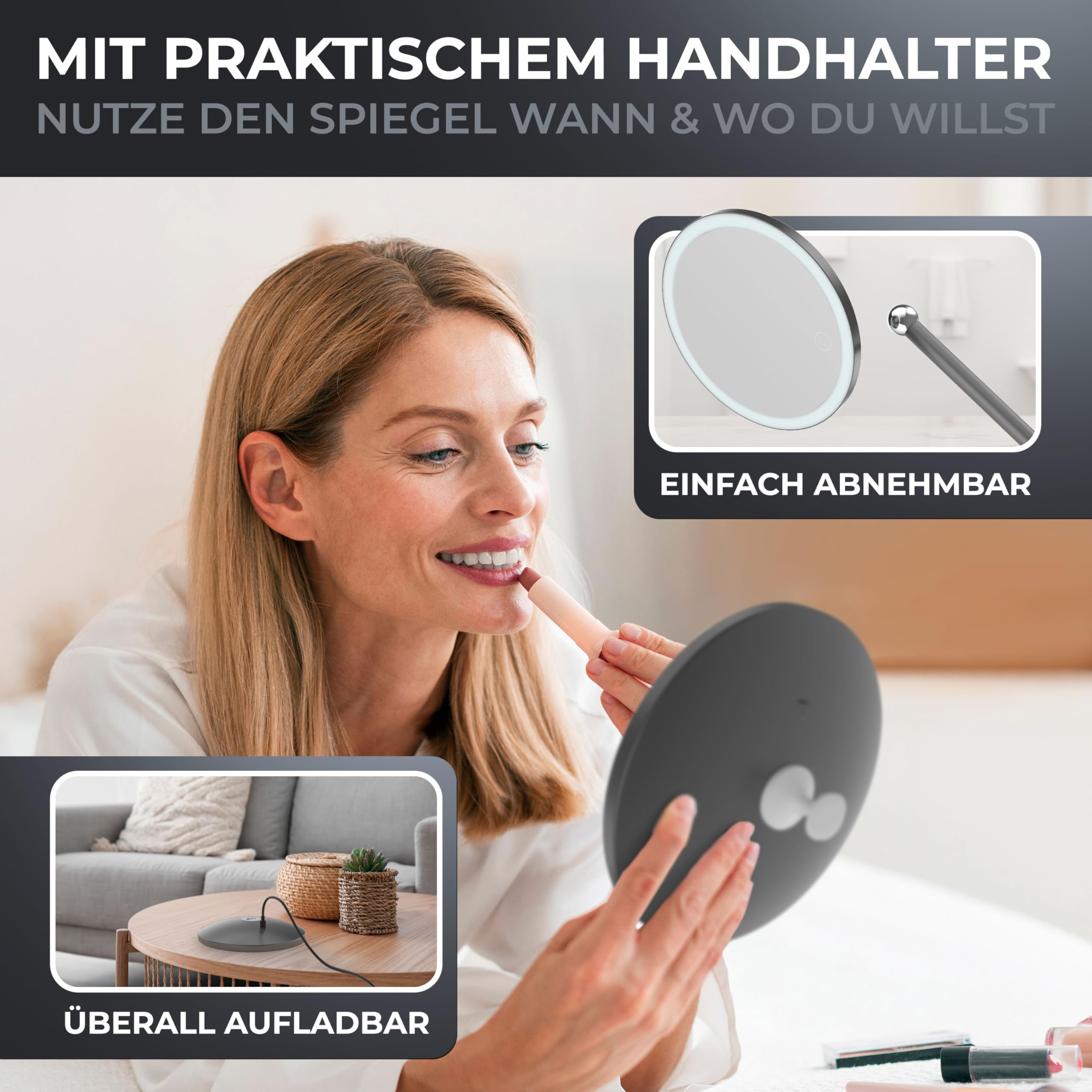 ovimar Larstind Gunmetal - Espejo de maquillaje con iluminación (recargable, independiente, para baño, 5 aumentos, espejo de 360 grados