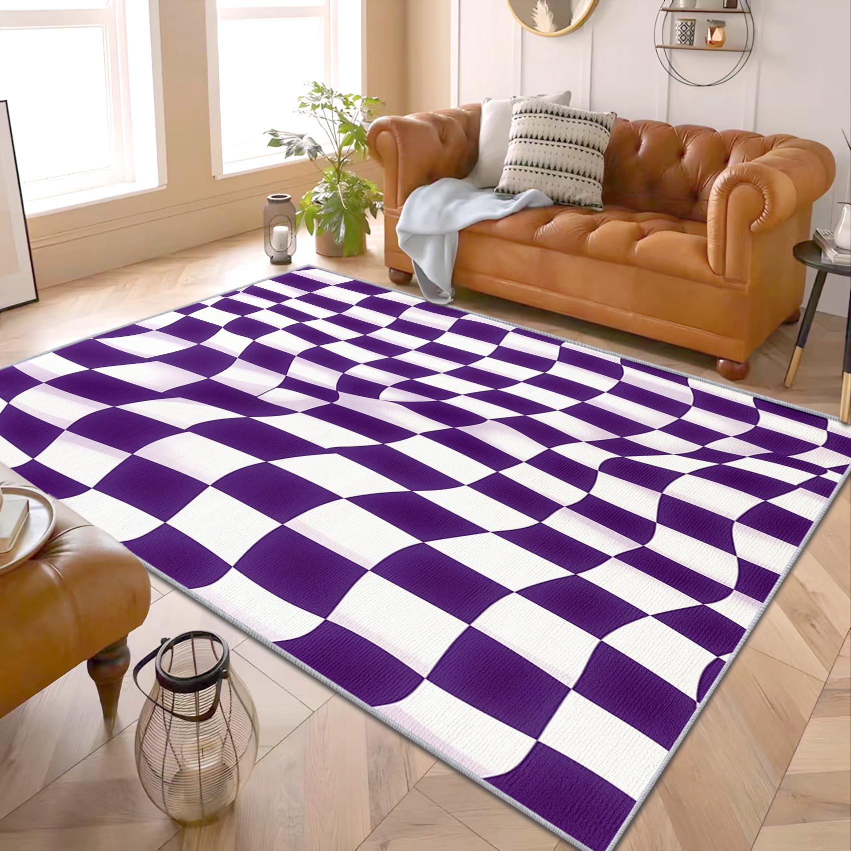Checkerboard Rug - Purple and White Checkerboard Rug, Purple Checkered Rugs for Living Room Bedroom, Washable Non Slip Soft Small Carpet, Patterned Area Rugs & Home Decor 60x90 cm
