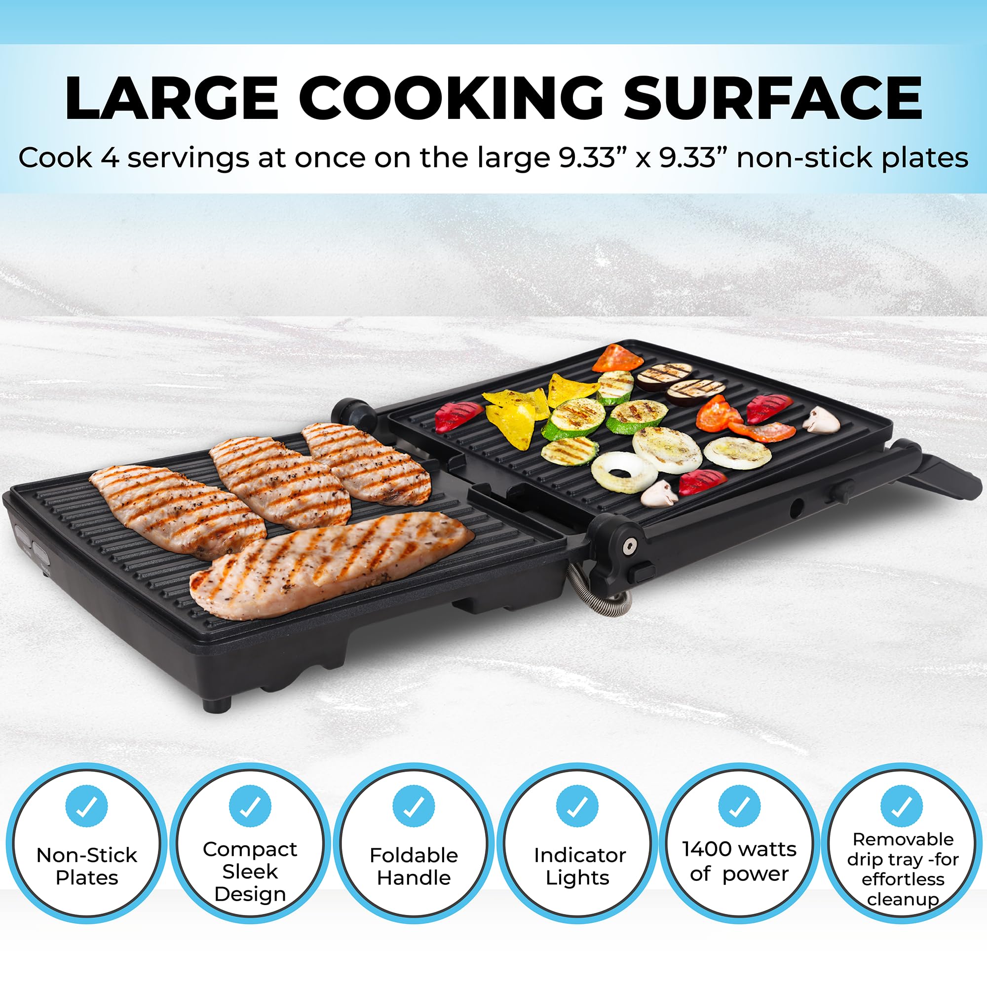 Panini Press Gourmet Sandwichera, diseño súper delgado con mango plegable, parrilla de 4 porciones con placas antiadherentes, se abre 180° para parrilla de mesa, acero inoxidable 1400 vatios 3