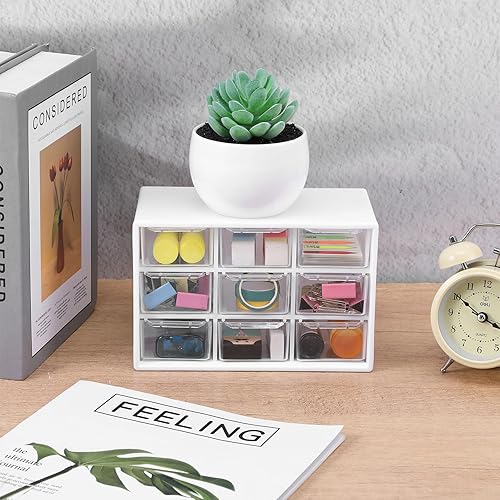 Miniatura 2 de 2 mini organizadores de cajones de plástico con 9 cajones transparentes, pequeños compartimentos de almacenamiento de escritorio blancos para