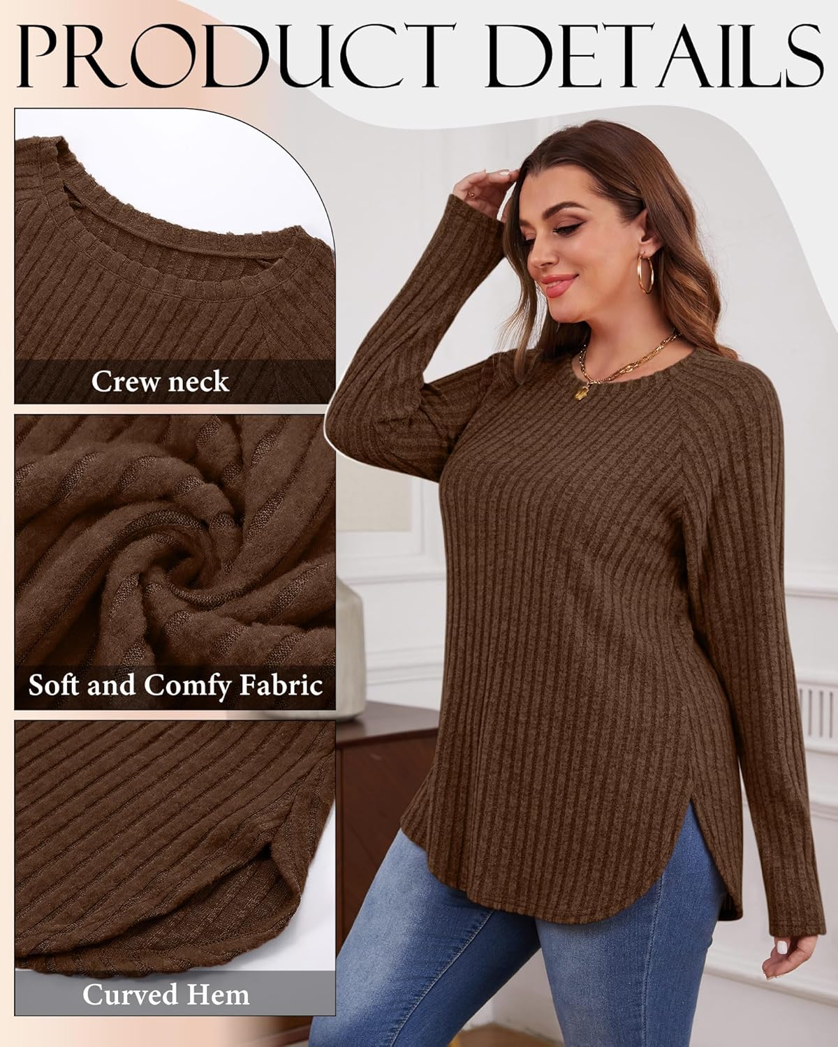 Ficerd 3 Pack Plus Size Tunic Tops for Women, Long Sleeve Women's Sweaters Curved Hem Side Split T-Shirts Crew Neck Pullover - Image 4