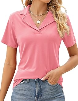 Rapbin Women's Polo Shirts Lapel Collar V Neck Short Sleeve Blouse Dressy Casual Tunic Tops