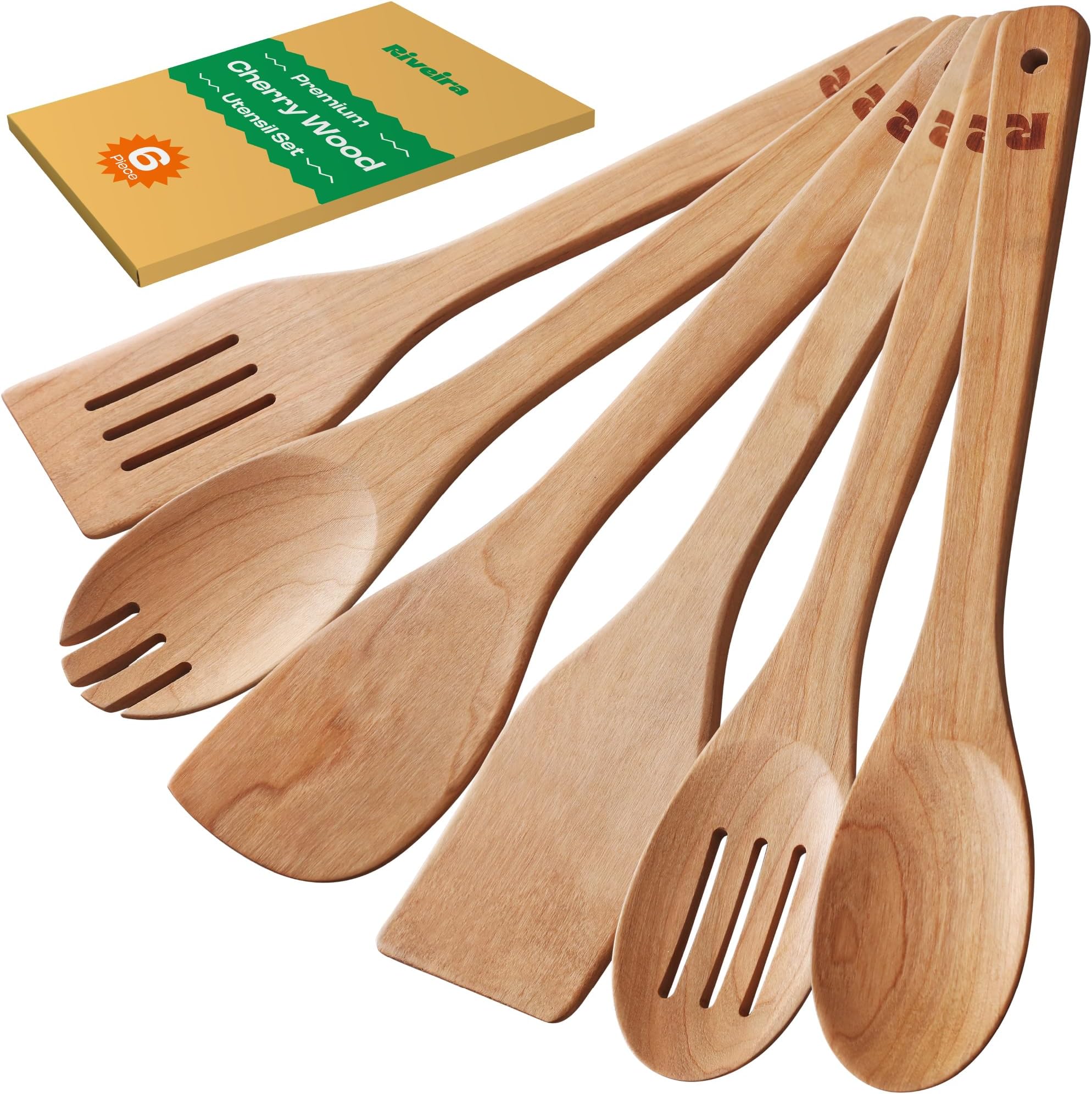 Riveira Cherry Wooden Spoons for Cooking Set of 6 – Natural Cherry Wooden Cooking Utensils, Wooden Spatula, Wooden Spoon - Premium Quality Utensil Set for Non-Toxic Cooking