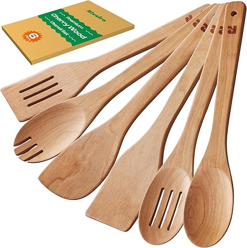 Miniatura 7 de Riveira Cucharas de madera de bambú para cocinar, 6 piezas, espátula de madera esencial de apartamento, cuchara antiadherente, juego de utensilios