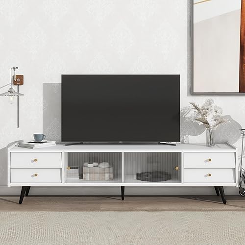 Miniatura 7 de Soporte de TV contemporáneo con puertas corredizas de vidrio estriado, cajones inclinados, consola multimedia para televisores de hasta 70 pulgadas,