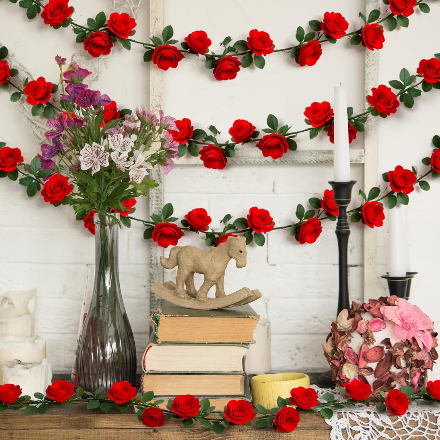 4Pack Red Roses Flower Garland, 31.6 FT Kentucky Artificial Flowers Plants for Aesthetic Room Decor, Derby Fake Roses Vine Garlands for Derby Decorations Garden Flower Wall Backdrop Wedding Arch Decor