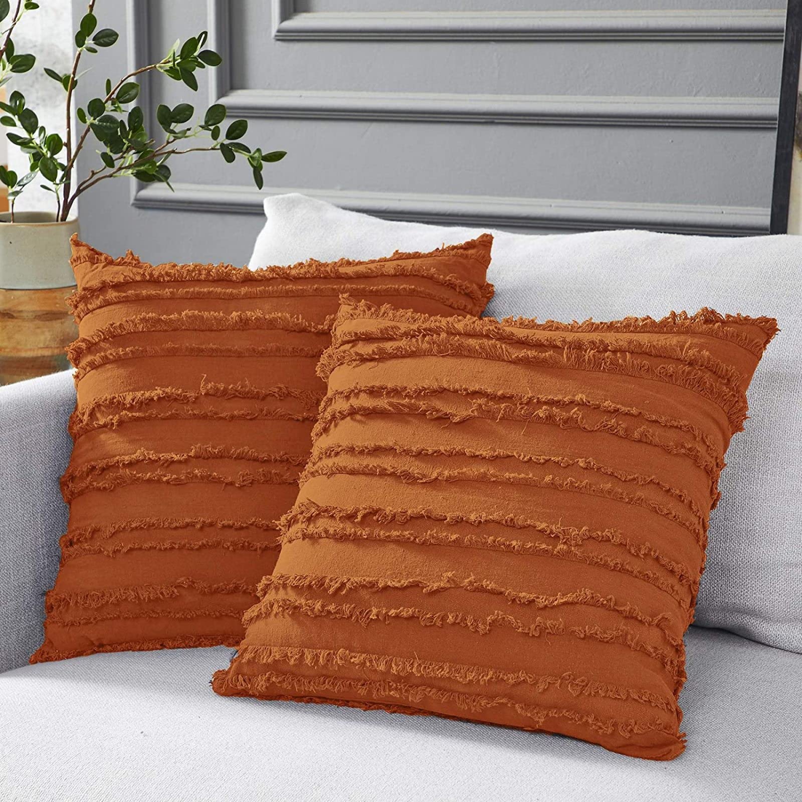 YCOLL Set di 2 federe per cuscini autunnali, 45 x 45 cm, con accento moderno, motivo patchwork a righe arancione bruciato, in lino, per divano, sedia, camera da letto, decorazioni autunnali