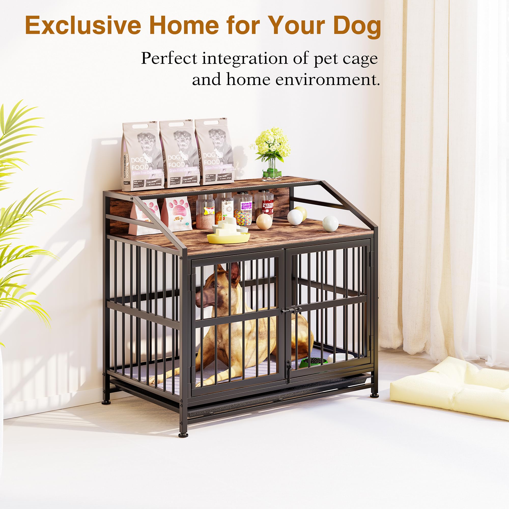 Hundekäfig Möbel, 100cm Hundebox für Zuhause, 2 Türen, Moderne Hundebox Indoor für Hunde, Beistelltisch, Hundekäfig Hochbelastbar 100 x 63 x 90 cm mit Waschbarer Decke & Abnehmbarem Tablett