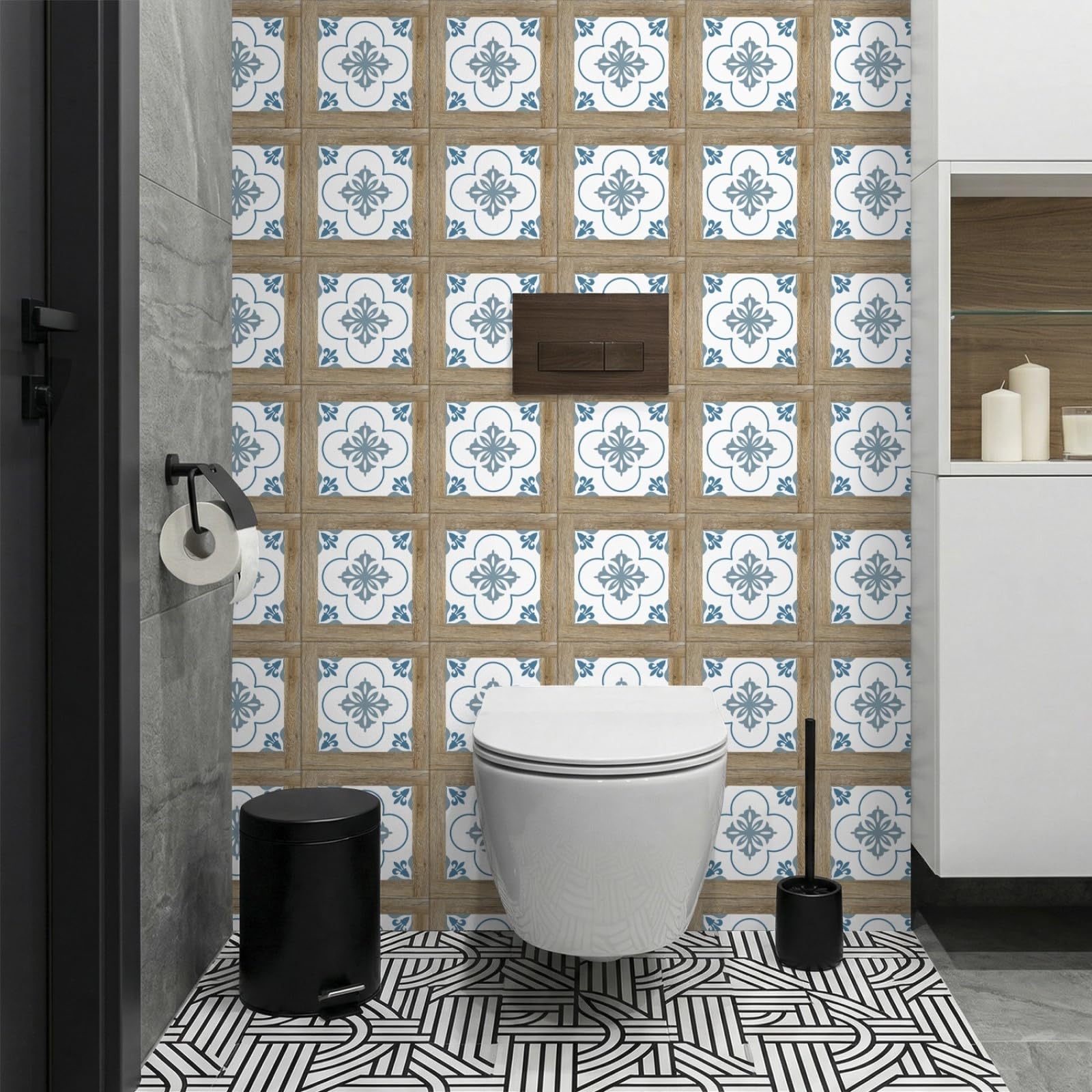 Rmjcxys Blue Retro Morocco Stick On Tiles Kitchen Tile Stickers Waterproof Vinyl Decals Self Adhesive Stick On Bathroom Tiles Backsplash Decorative Tile Covers 20X20 Cm/ 5 Pcs