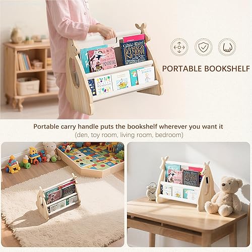 Miniatura 6 de Estantería infantil de doble cara  Estantería portátil de 2 niveles para niños pequeños, estante para libros para habitaciones de niños y sala de