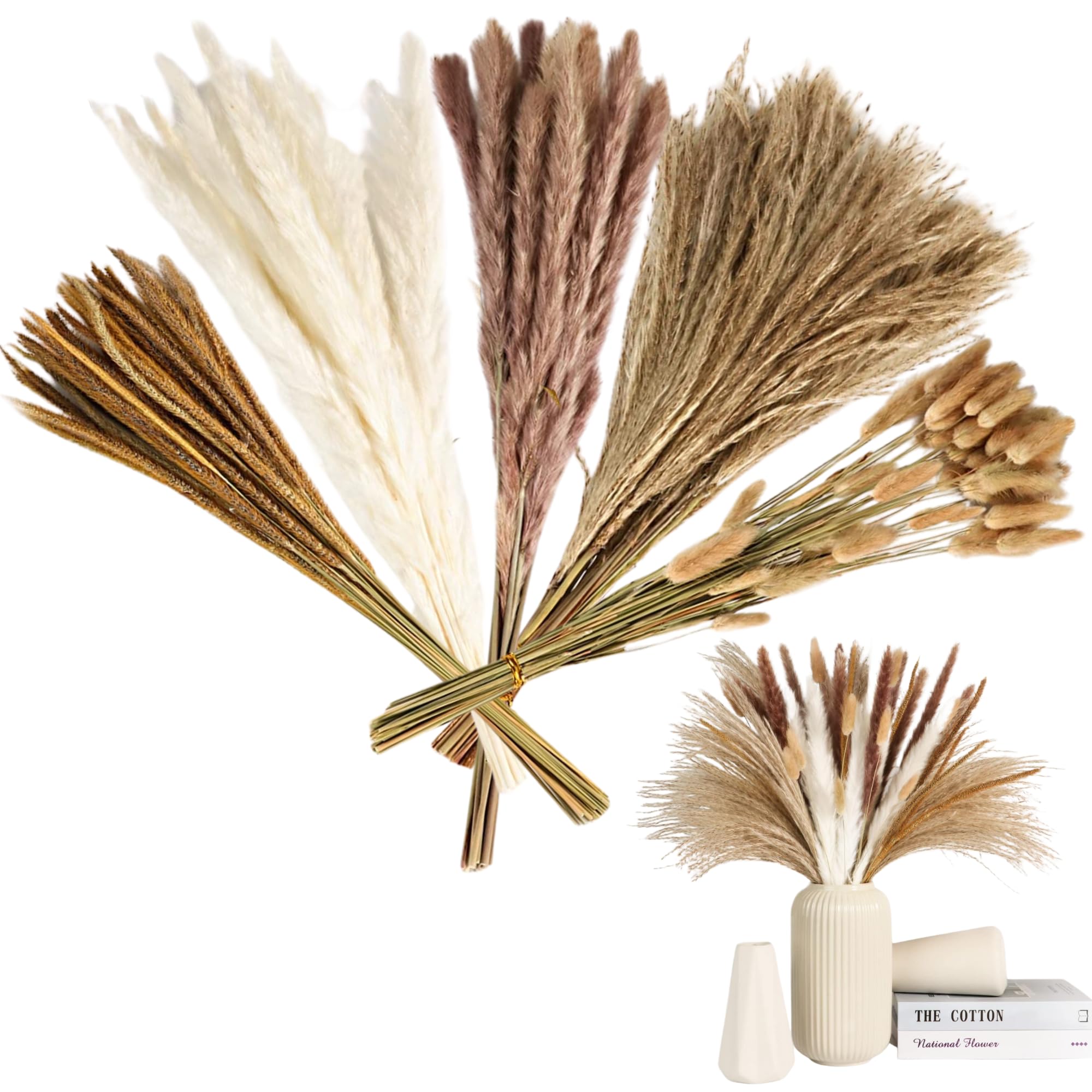 GinzaLandNatural Dried Pampas Grass Décor - Pack of 120 | No Shedding & Maintenance | White, Brown & Bunny Tail Handpicked Pampas Flower for Home, Living Room & Wedding Decorations - 17 inch / 45 cm