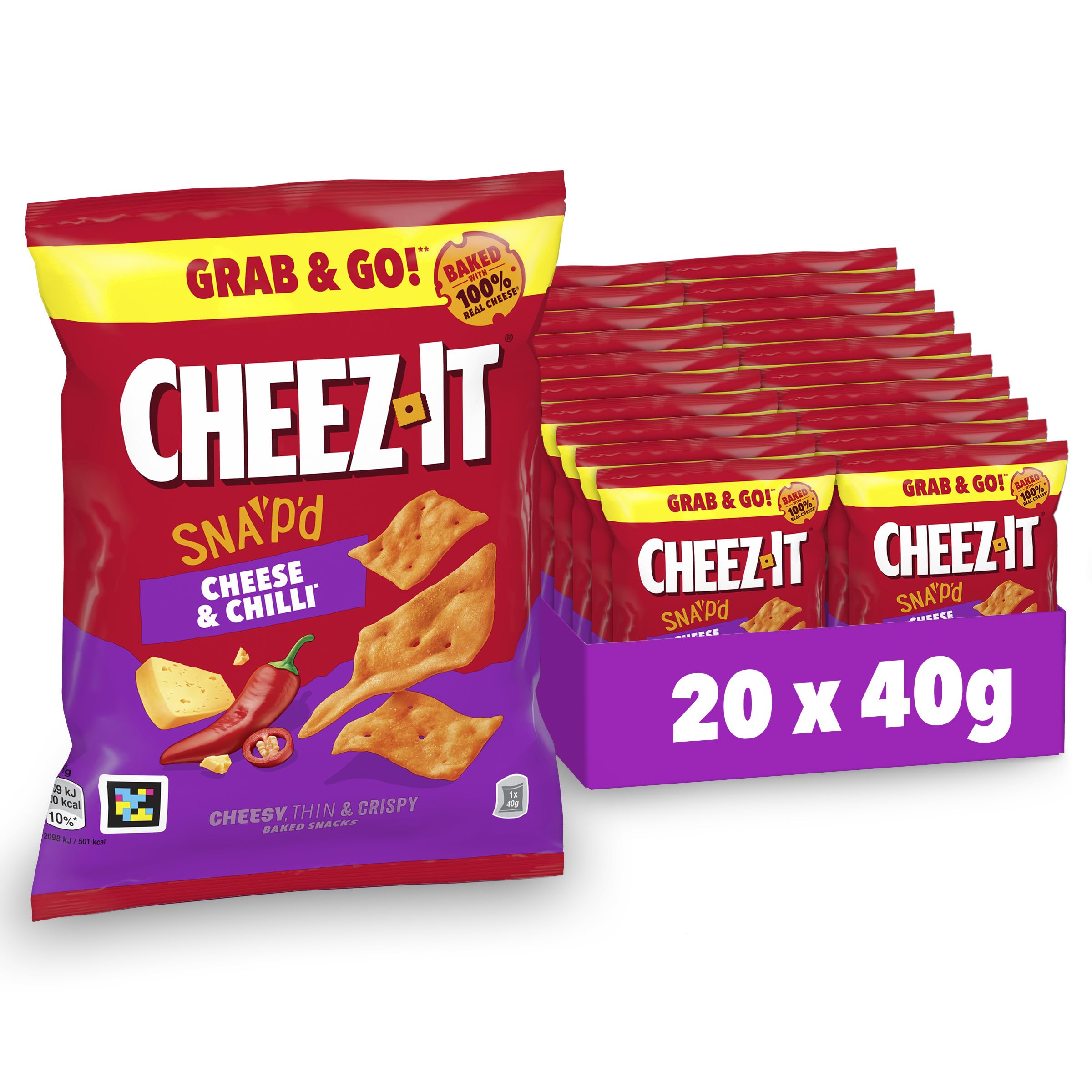 Cheez-It Snap'd Cheese & Chilli Chips (20 x 40 g), pikante Käse Chips mit dünner, knuspriger Textur, gebackener Snack mit 100% echtem Käse, ohne künstliche Farb- oder Aromastoffe