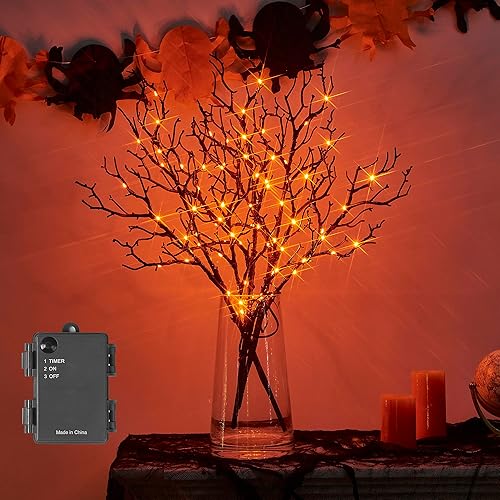 LITBLOOM Luces de rama de árbol de Halloween con temporizador, 75 luces de hadas naranjas, ramas negras iluminadas, funciona con pilas, 21 pulgadas