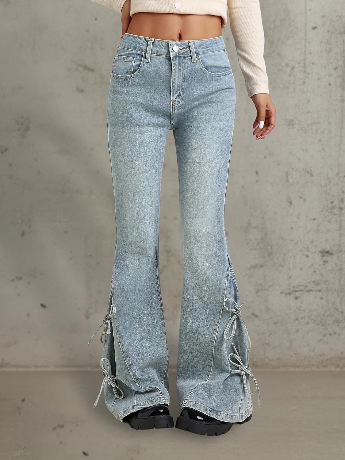 Women Bell Bottom Jeans Lace Up Bow Stretch Flare Denim Pants Cute Y2k Vintage Jeans - Image 2