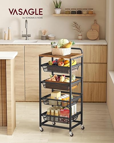 VASAGLE 5-Tier Storage Trolley with Pull-Out Baskets, Kitchen Shelf with Wheels, Handle, 31.7 x 40 x 95 cm, Rustic Brown and Ink Black LRC041K01 - 2
