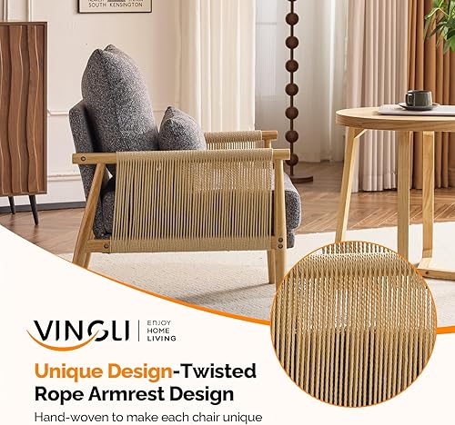 Miniatura 4 de VINGLI Juego de 2 sillones bohemios trenzados, diseño moderno de mediados de siglo con reposabrazos de madera maciza, cómodas sillas acolchadas con