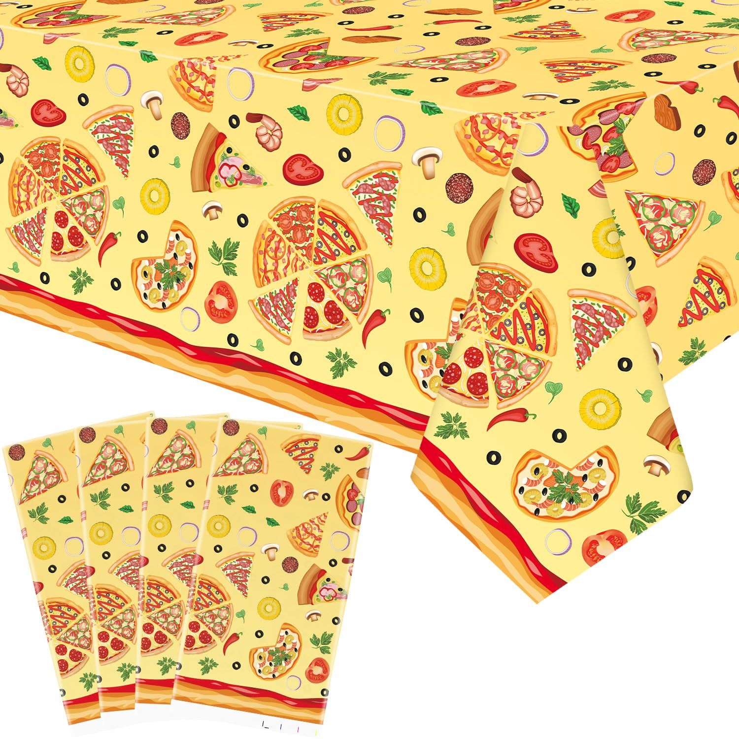 4 Pack Pizza Party Tablecloth - Pizza Party Decorative, Pizza Tablecover Pizza Table Cloth, for Kids Birthday Baby Shower Picnics Supplies (51 x 86 Inches)