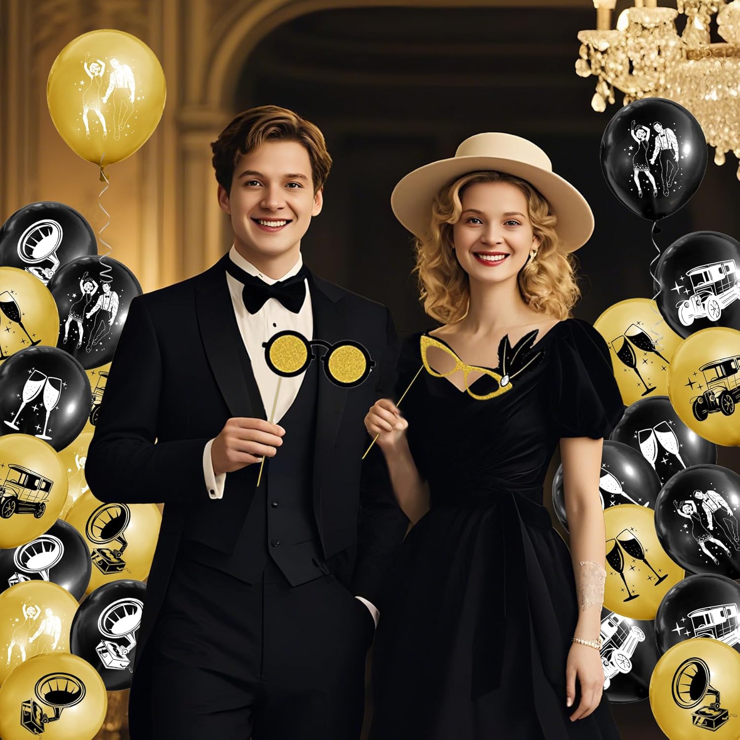 53pcs Roaring 20s Party Decorations - Birthday Balloons Speakeasy Decor, Black and Gold Party Great Gatsby Decorations, Photo Booth Props, Fit for 1920s Birthday Supplies, Gangster Party Decor