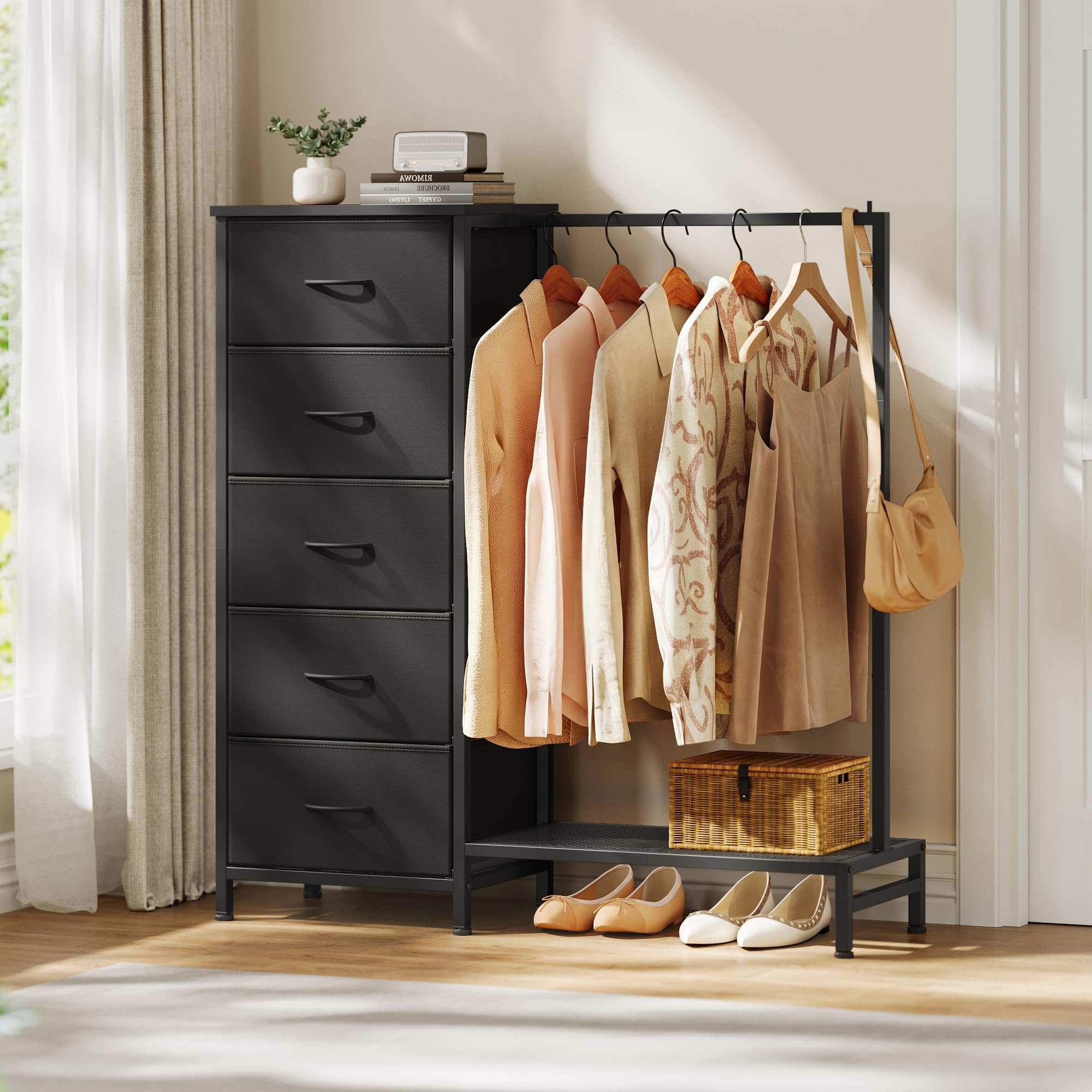 SONGMICS Chest of Drawers, 5 Fabric Drawers, Freestanding Wardrobe with Hanging Rail and Bottom Shelf, 96.2 x 30 x 117.7 cm, for Bedroom, Closet, Hallway, Living Room, Ink Black LGS423B101 — image 1