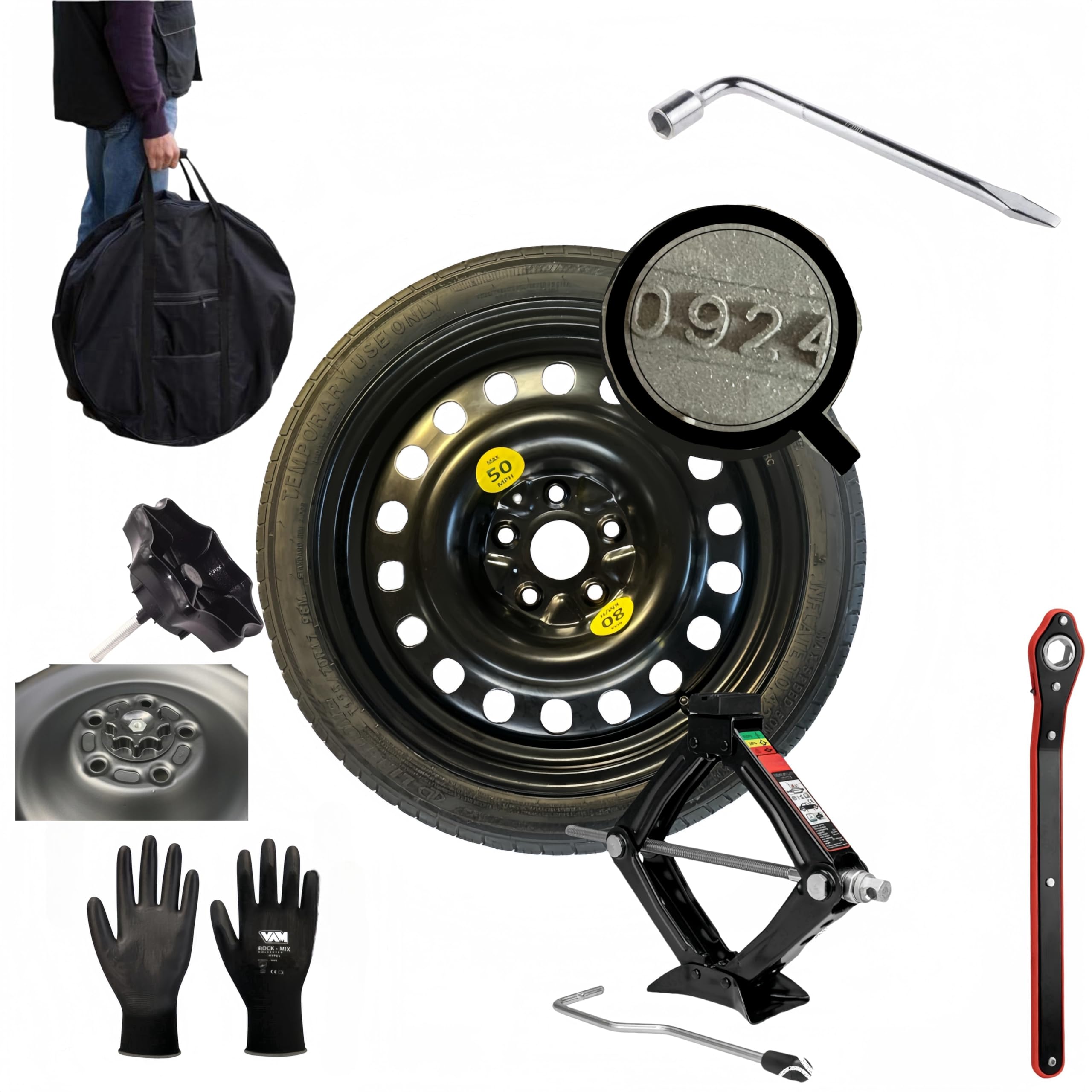 Notrad 17" Suzuki Vitara mit Wagenheber, Schlüssel, Schraube, Handschuhe und Tasche 125/80R17